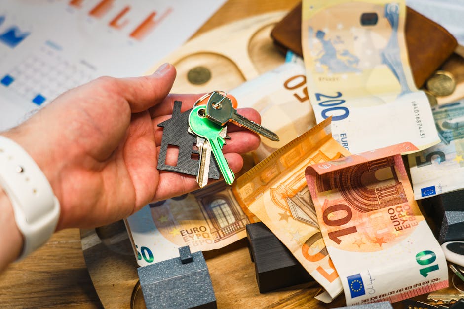 A hand holding house keys over euro banknotes, symbolizing real estate and finance.